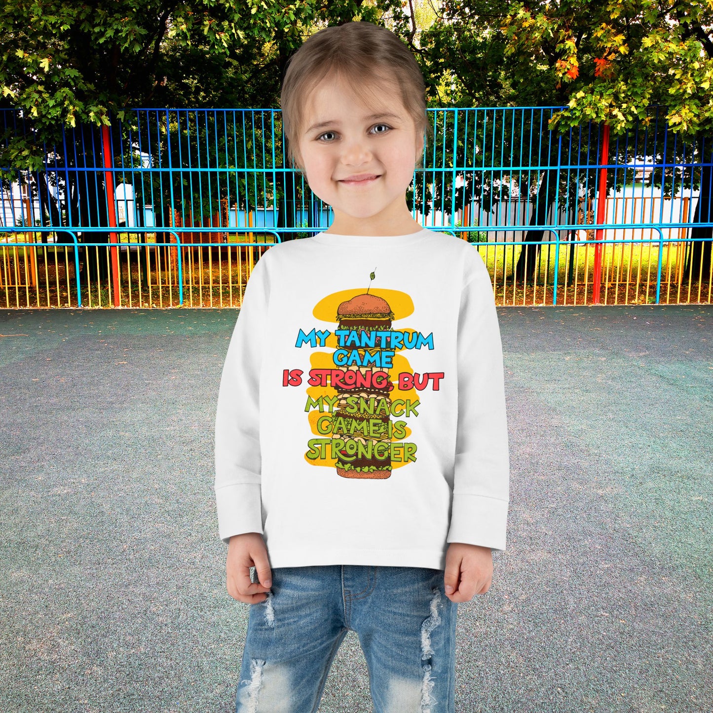 "My tantrum game is strong, but my snack game is stronger" Toddler Long Sleeve Tee