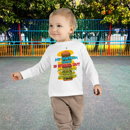 "My tantrum game is strong, but my snack game is stronger" Toddler Long Sleeve Tee